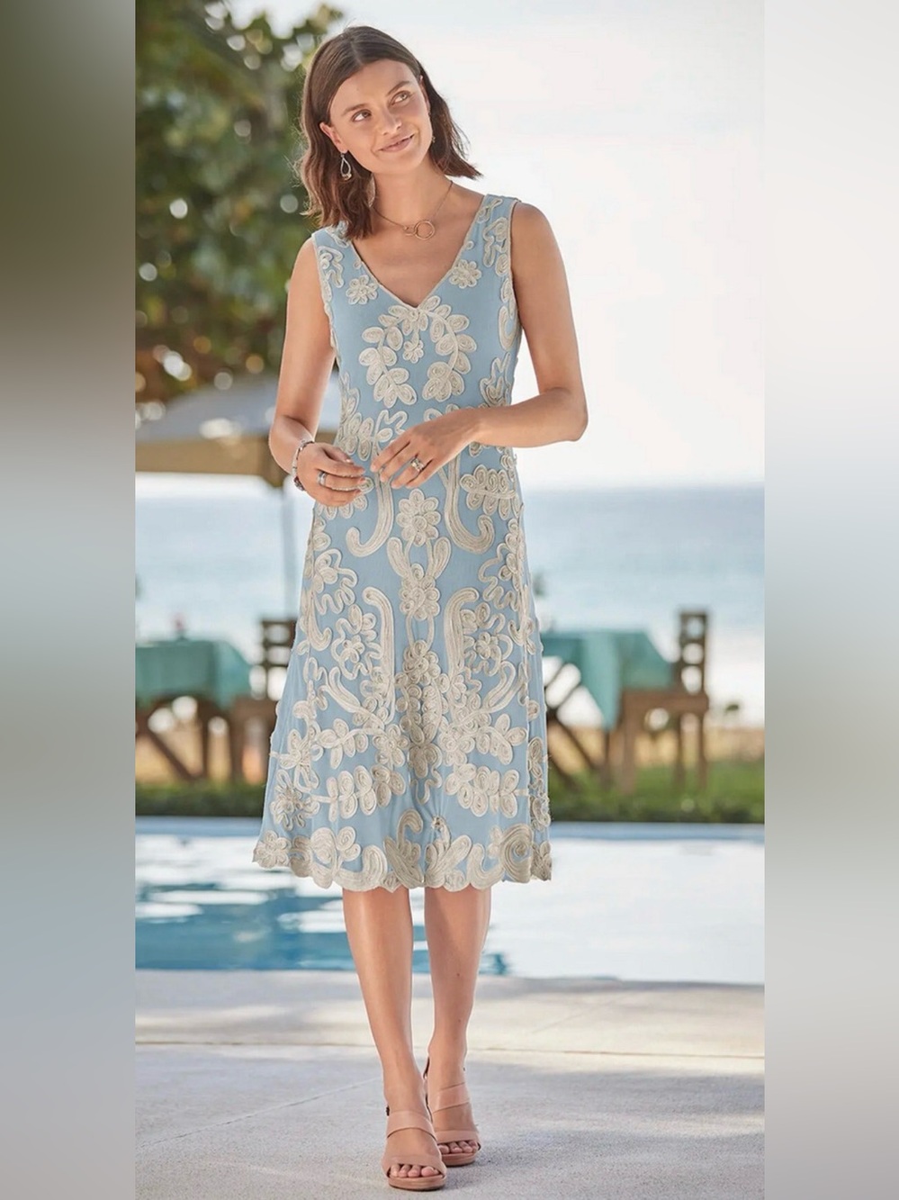 NEW SUNDANCE WINTER SKY BLUE RIBBON APPLIQUE CAMEO DRESS SIZE PXS PETITE XS
